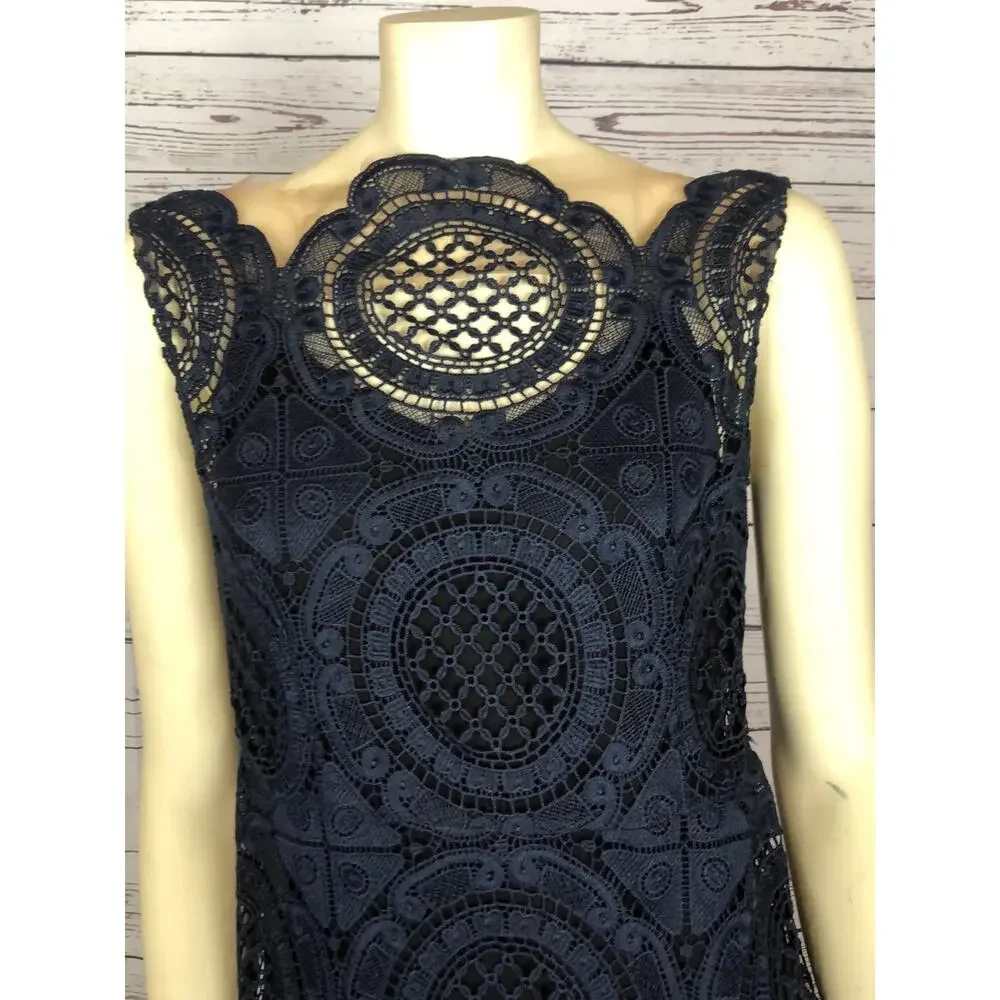 Tracy Reese Navy Surplice sleevless scalloped Lace Embroidered Dress size 4